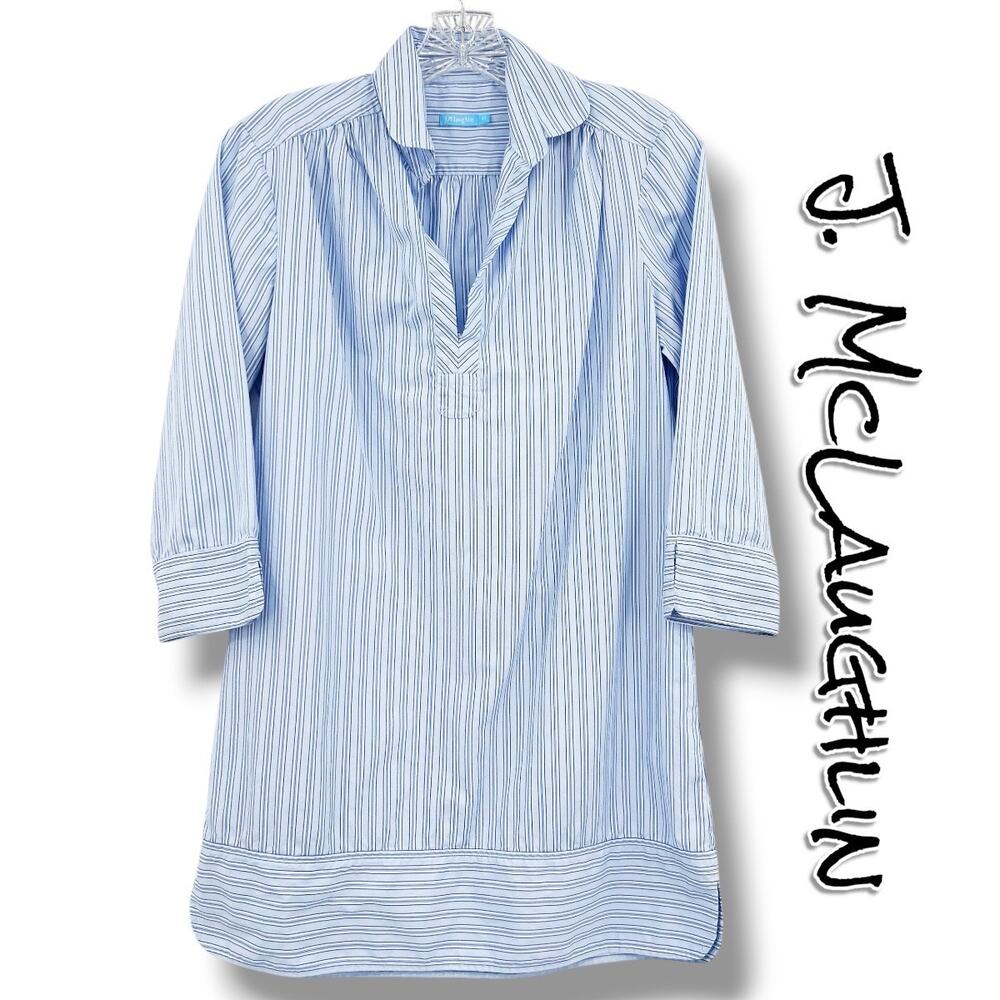 J McLaughlin Blue Stripe Popover Tunic Blouse XS Cotton Stretch Preppy Coastal
